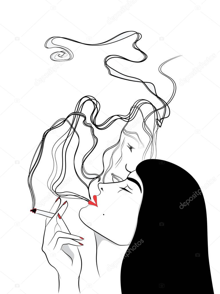 This is a line drawn illustration of a smoking woman and abstract man face