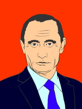  19 Şubat 2019: Kırmızı bir arka plan üzerinde koyu mavi elbiseli devlet başkanı Vladimir Putin bir portre renk gösterimi, eps 8, editoryal biricik kullanma