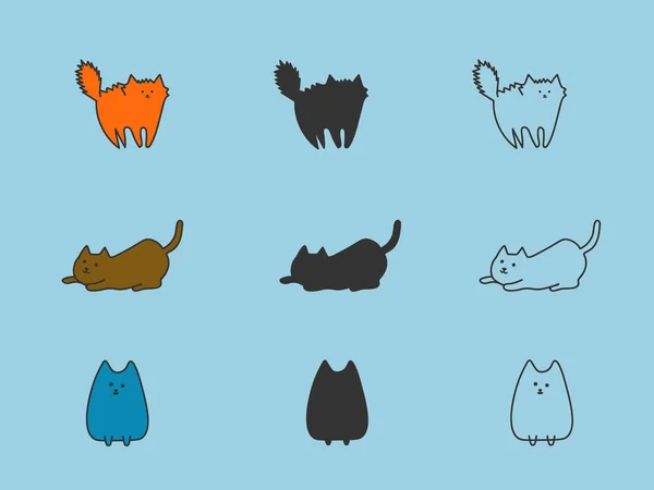 Gatos Dibujos Animados Incluyendo Colores Contornos Siluetas Para Colorear Elementos — Archivo Imágenes Vectoriales