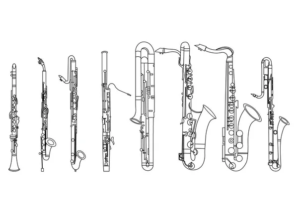 Einfache Schwarze Linienzeichnung Der Umrisse Klarinette Fagott Kontrafagott Saxophon Instrumentenkontur — Stockvektor