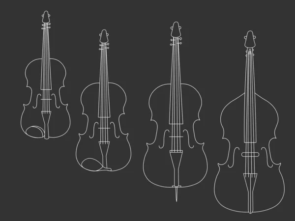 Einfache Weiße Linienzeichnung Von Violine Viola Violoncello Kontrabass Musikinstrumenten Auf — Stockvektor