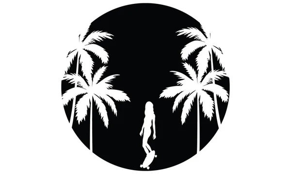 Vibrações Verão Silhueta Preto Branco Emblema Ilustração Uma Menina Skate —  Vetores de Stock