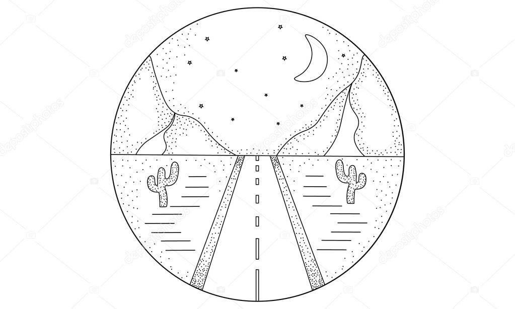 Line hand drawn illustration circle of road, landscape mountains, and desert with cactuses, night sky with moon and stars