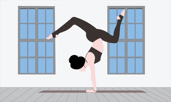 Una Giovane Donna Piedi Tappetino Yoga Una Stanza Con Finestre — Vettoriale Stock