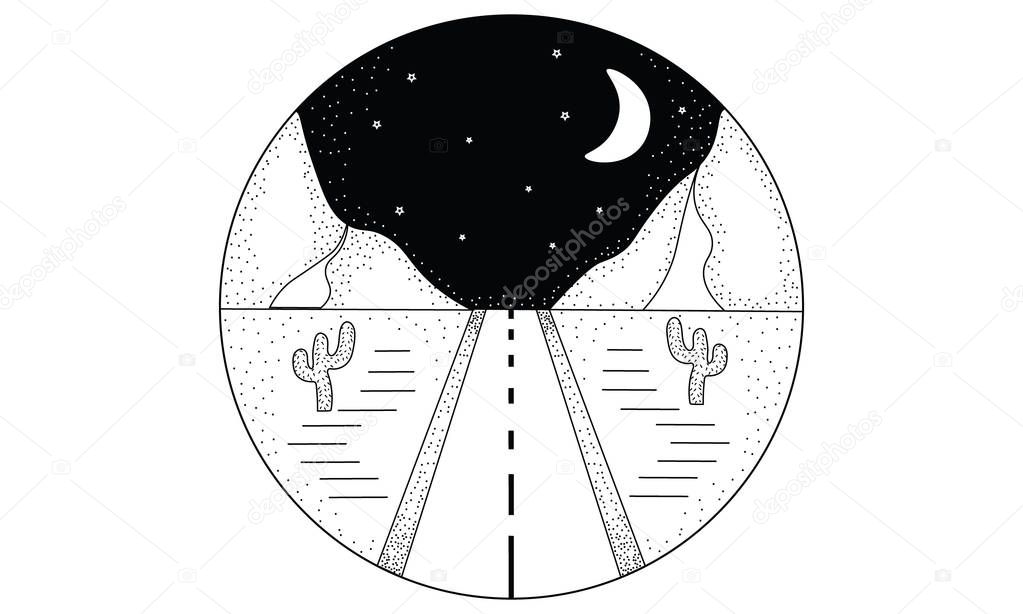 Line hand drawn black and white logo illustration circle of road, landscape mountains, and desert with cactuses, night sky with moon and stars