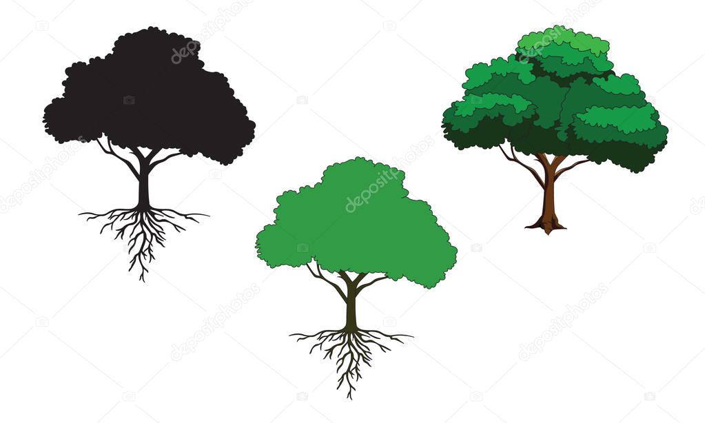 Hand drawn various icons of isolated trees with roots. Element for decoration, emblems, logo