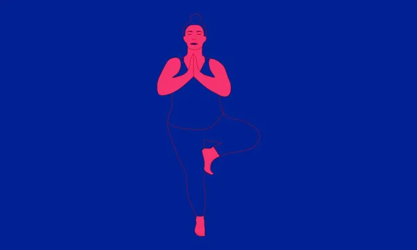 肩を広げ Vrksasana Asanaの片方の足に立っている女性の輪郭 リラクゼーション 孤立した高重量の女性の色のイラスト — ストックベクタ