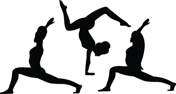 Tre Femmine Stanno Allungando Intero Corpo Piedi Posa Guerriero Yoga — Vettoriale Stock