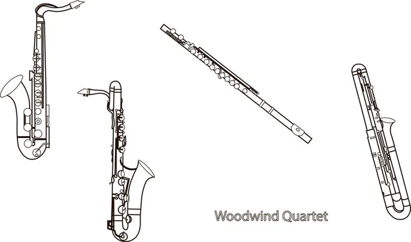 Umrisssaxophone Saxophon Fagott Und Flötenholzbläserquartett Schwarze Kontur Auf Weißem Hintergrund — Stockvektor