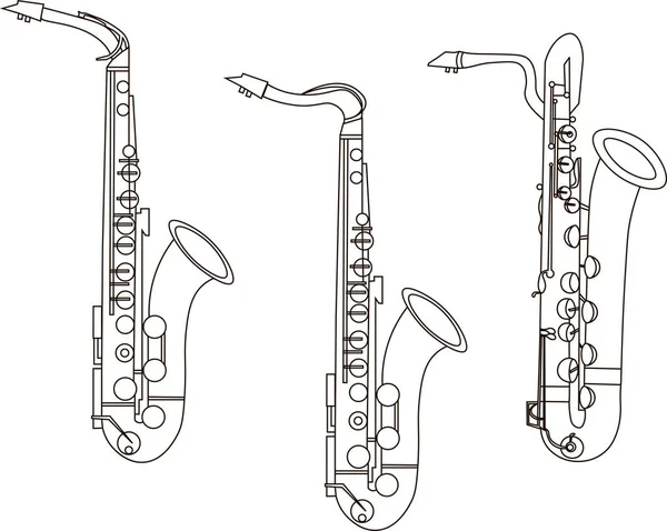 Контуры Саксофонских Ансамблей Контуры Музыкальных Инструментов Белом Фоне — стоковый вектор