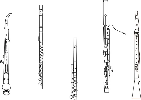 Desenhos Linha Preta Esboço Trompa Inglês Flauta Piccolo Fagote Oboé —  Vetores de Stock