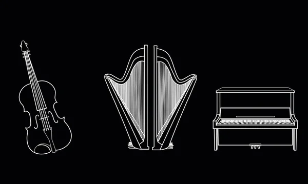 黑色背景下小提琴 竖琴和钢琴乐器轮廓的白线绘图 — 图库矢量图片