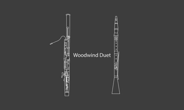 White line, shape or outline forms of musical instruments as bassoon and oboe in simple contour illustration