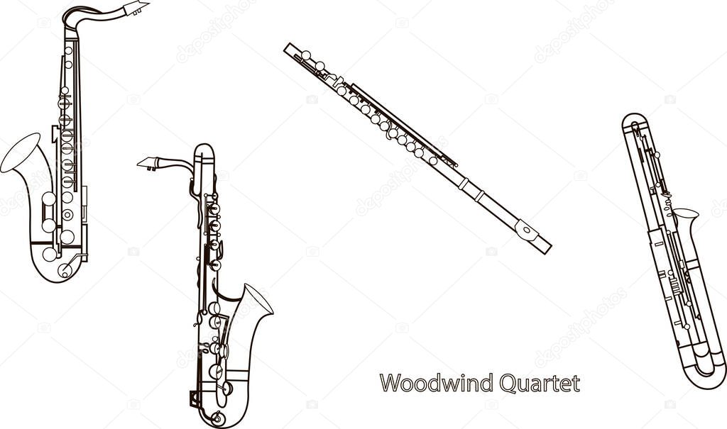 Outline saxophones, sax, bassoon and flute woodwind quartet, black contour on a white background