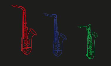 Colored line drawings of outline Alto Saxophone, Tenor Saxophone and Baritone Saxophone musical instrument contour on a black background, three color shapes or forms, icons for education clipart