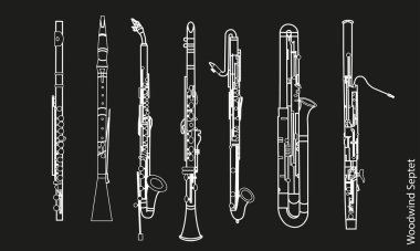 Mixed color line, vector stock flat character, shape or outline of musical instruments as violin and piano in various contour illustration on a black background clipart