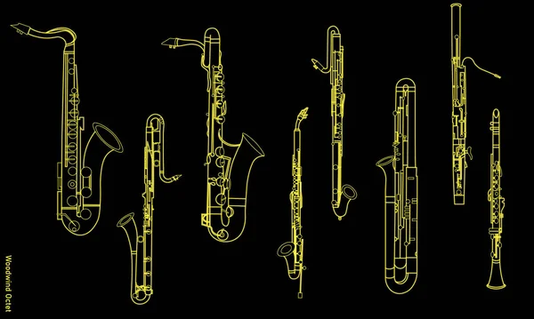 Contorno Dos Instrumentos Musicais Amarelo Contorno Oito Vários Saxofones Octeto — Vetor de Stock