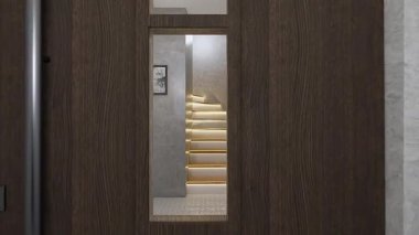 Birinci katta açık oturma odası ve mutfak alanı olan modern bir konak evinin 3D görüntüsü. Şık bir merdiven ikinci kata çıkıyor. Parlak, rahat atmosferi olan çağdaş ve minimalist tasarım. Tasarım projeleri için mükemmel.