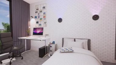 Çalışma alanı ve spor alanı olan modern bir gencin yatak odasının 3 boyutlu görüntüsü. Oda yatak, bilgisayarlı çalışma masası, kum torbası, dambıllar ve geniş pencereli şık parlak tasarım içeriyor..