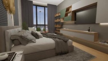 Geniş panoramik pencereli modern yatak odası, minimalist mobilyalar, gri-bej palet ve dekoratif duvar elementleri. Mimari görselleştirme ve tasarım projeleri için 3D görüntüleme.