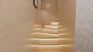 Modern 3D merdiven döşeme, sıcak LED basamak aydınlatma, ahşap lastik, yumuşak duvar aydınlatma ve minimalist tasarım. Yüksek kalitede gerçekçi mimari görselleştirme videosu.