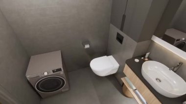 3 boyutlu modern banyo, ahşap ve gri fayanslar, cam duş, damar lavabosu olan zarif bir gösteriş. Çağdaş iç tasarım mimarlık ve emlak projeleri için mükemmel..