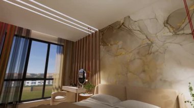 Lüks 3D rahat yatak odası mermer aksanlı duvar, sıcak ışıklandırma ve yumuşak doğal tonlarla. Zarif tasarım rahatlatıcı ve şık bir atmosfer yaratıyor. Ev dekorasyonu ve yaşam tarzı projeleri için mükemmel..