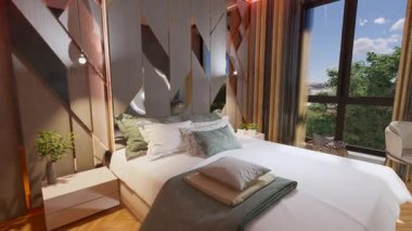 4K 3D modern yatak odası iç mimarisi zarif bir yatak odası, şık bir duvar dekoru, büyük bir pencere ve sıcak doğal ışık. Mimarlık, gayrimenkul ve iç tasarım projeleri için mükemmel..