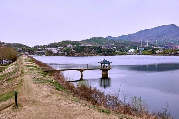 Sebuah Gazebo Atap Biru Danau Dan Jalan Tanah Dekatnya — Stok Foto