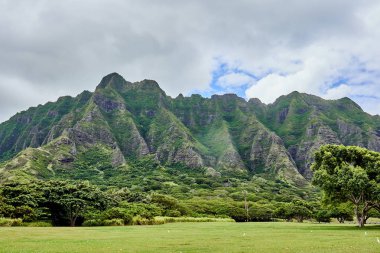 O'ahu, Hawaii'deki Kualoa Bölge Plajı Parkı'nın dağ yamacının manzarası.