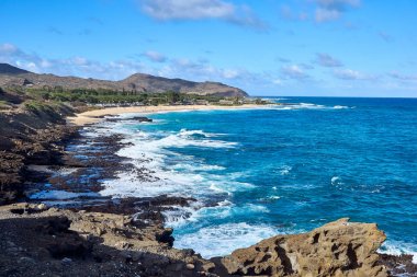 Gün ışığında Hawaii Plajı ve okyanusun manzarası.