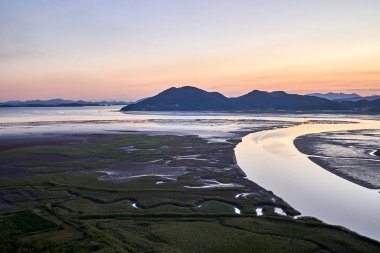The river and wetlands of Suncheonman Bay Wetland Reserve in South Korea during sunset. clipart