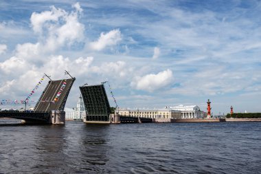 Görünümü Vasilievsky Strelka Adası ve boşanmış Palace Köprüsü üzerinde. Tarihi merkezi, St. Petersburg. Görünür Rostral sütunlar, Borsa Binası ve Kunstkammer Müzesi