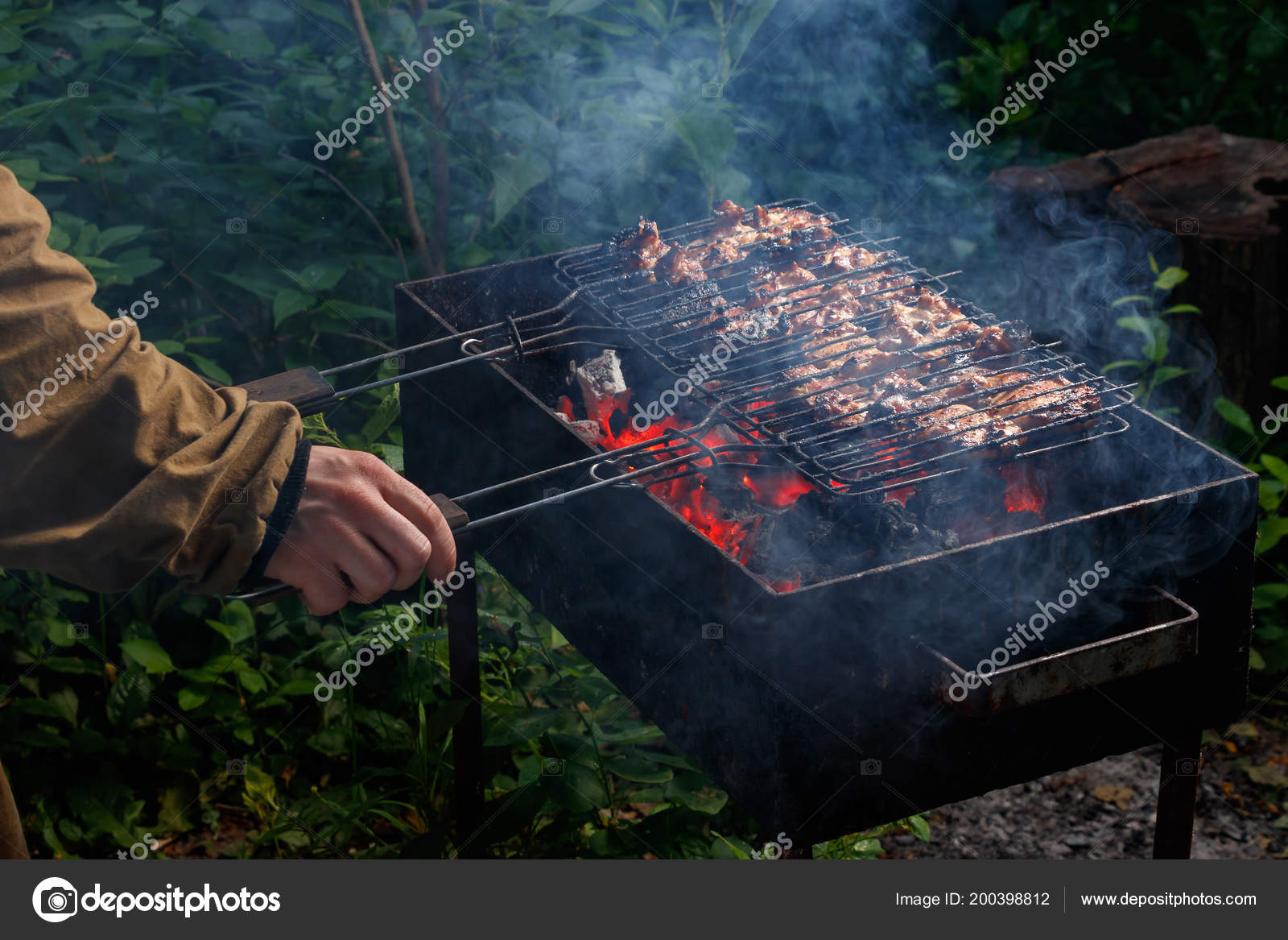 Man Fries Chicken Kebab Outdoors Grill Smoldering Red Coals