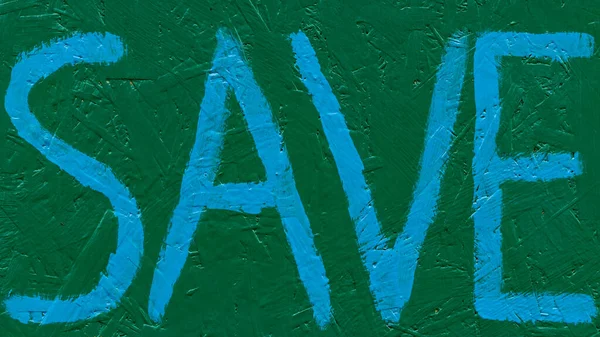 Zapisz niebieski napis został napisany pędzlem na zielonym tle — Zdjęcie stockowe