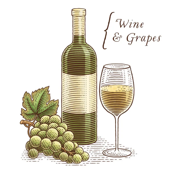 Wine bottle, glass of wine and grapes. Hand drawn engraving style illustrations. Isolated, on white background.