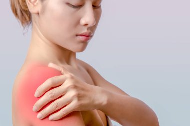 asian woman holding left hand on right shoulder, young woman pain at right deltoid muscle  clipart