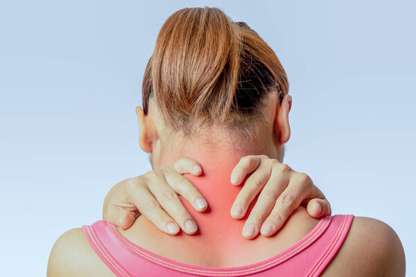 asian woman holding hand and touching skin around cervical spine on  clear background 