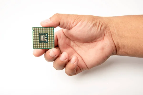 白い背景の上の Cpu を持っている手 — ストック写真