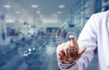 Doktor tarama işaret parmağı ve sabırlı, fütüristik tıbbi kavramı bir tıbbi veri tabanı için giriş 