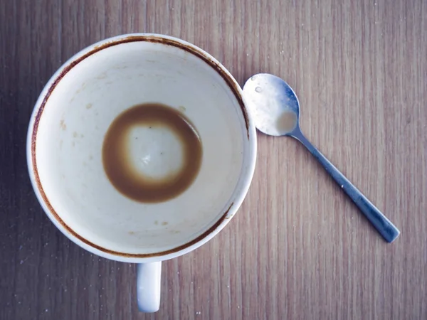 Kopje Koffie Lepel Houten Tafel Leeg Lege Espresso Koffie Beker — Stockfoto