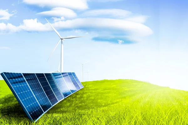 Solar Cell Field Grass Windmill Power Nature Environment Conception — Stock Photo, Image