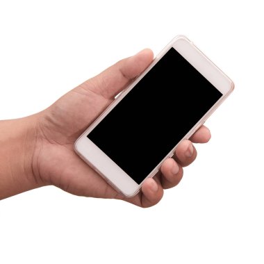 El ele tutuşan akıllı telefon beyaz arkaplanda izole edildi 