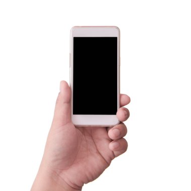 El ele tutuşan akıllı telefon beyaz arkaplanda izole edildi 