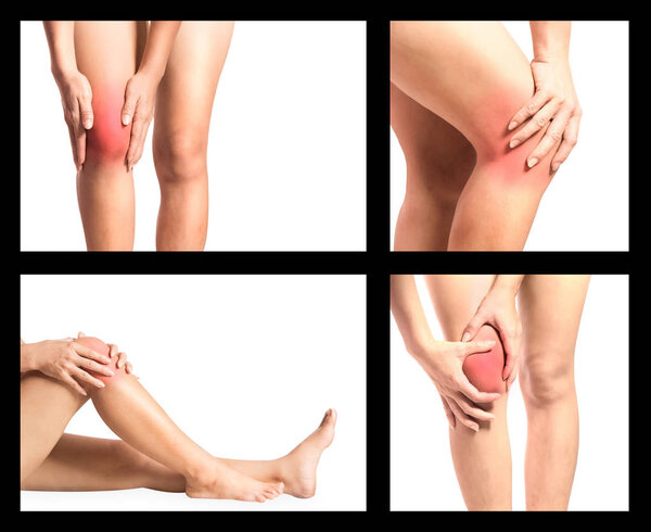 collection OA knee or pain or sprain, set of woman pain at her knee joint because of osteoarthritis or ligament sprain or muscle around joint injury, hand palpation around knee joint 