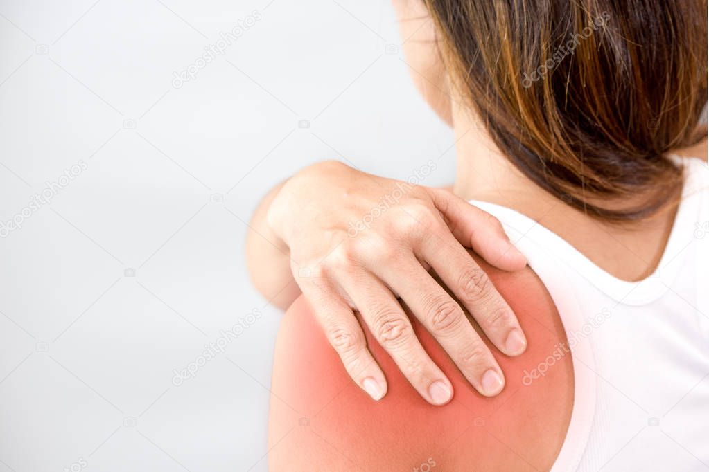 woman palpation left shoulder on white background 