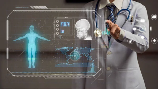 Лікар тримає руку на кнопці запуску, якщо футуристичний екран — стокове фото
