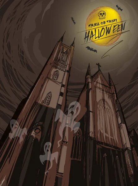 Fond Dessin Animé Halloween Église Hantante Fantôme Tour Régal — Image vectorielle