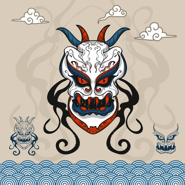 Personnage Tête Monstre Sur Fond Style Asiatique Vecteur Tatouage — Image vectorielle