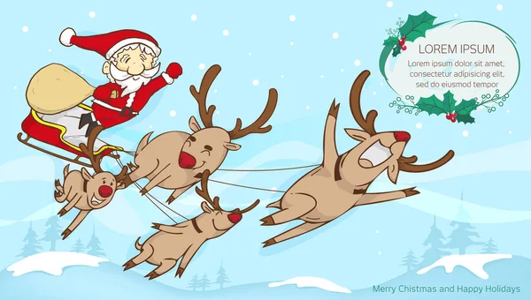 Noel Baba ve uçan ren geyiği ve metin çerçevesi, neşeli Noel metin çerçevesiyle Noel Baba tasarım